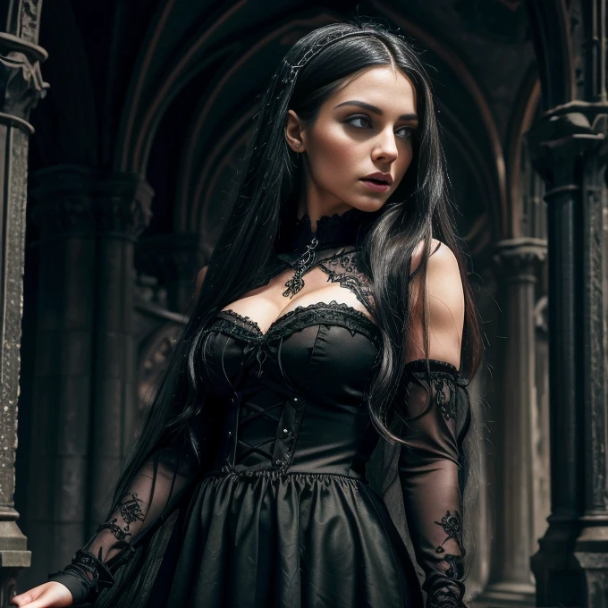 Woman in a black dress posing for a photo., wearing a gothic dress, an elegant gothic princess, victorian gothic, Gothic city streets behind her, Gothic style, gothic aesthetic, victorian gothicic, gothic princess portrait, elegant victorian vampire, wonderful dark hair, regional gothic, gothic influence, gothic fashion, Gothic style, gothic girl, gothic girl