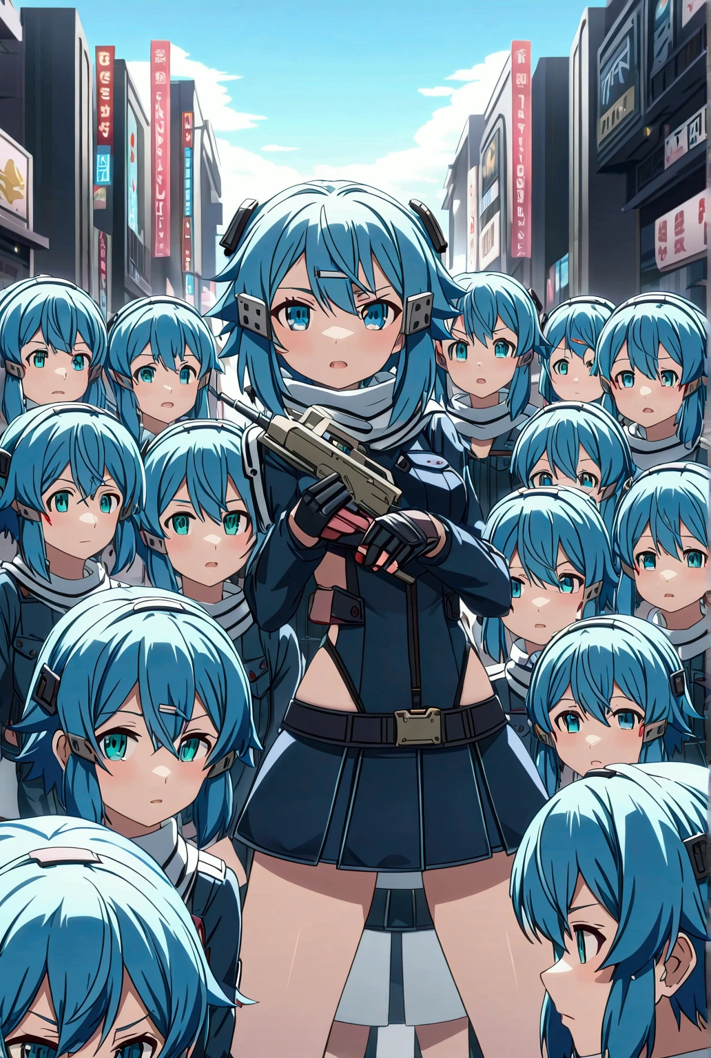 sinonggo, aqua eyes, short hair, aqua hair, sidelocks, hair between eyes, hairclip, hair ornament, green jacket, leotard, scarf, black shorts, gloves, long sleeves, medium breasts,
BREAK
urban battlefield, ruins, night sky, depth of field, cinematic, game cg, anime screencap, official art, masterpiece, best quality (((An infinite number of girls with the same face and the same figure)))
(((cloned face)))
(((similar identical twins)))
All the girls have the exact same face, The two have the same face and figure, as if they were mirror images