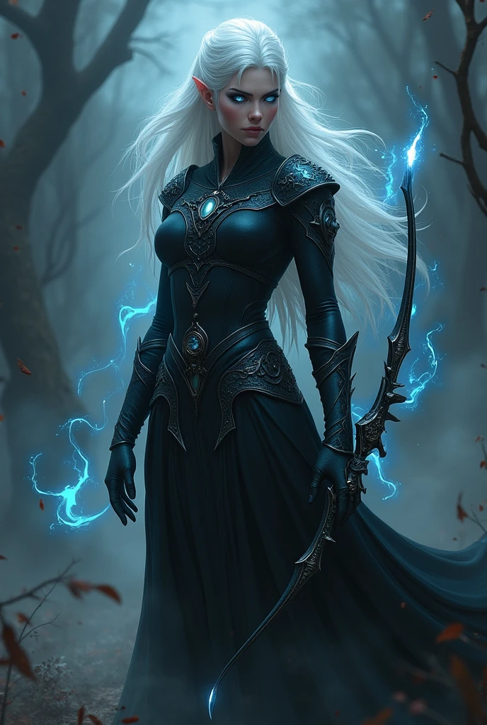 White haired elf, shining blue eyes, with a black assassin outfit and a ...