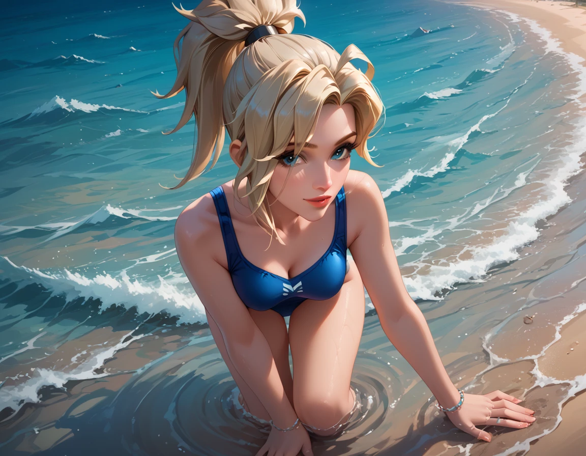 (high quality, best rendering), (beautiful girl, Cammy), (bomb, pin-up style), hot, floss, perfect body, small breasts, fitness, blonde, two long braids, elaborate hair, deserted beach, almost naked, psychopath, crazy face, body facing forward, squatting, legs spread, torn pale green leotard, red beret, combat boots, pastel, center, scales to dimensions, camel toes,