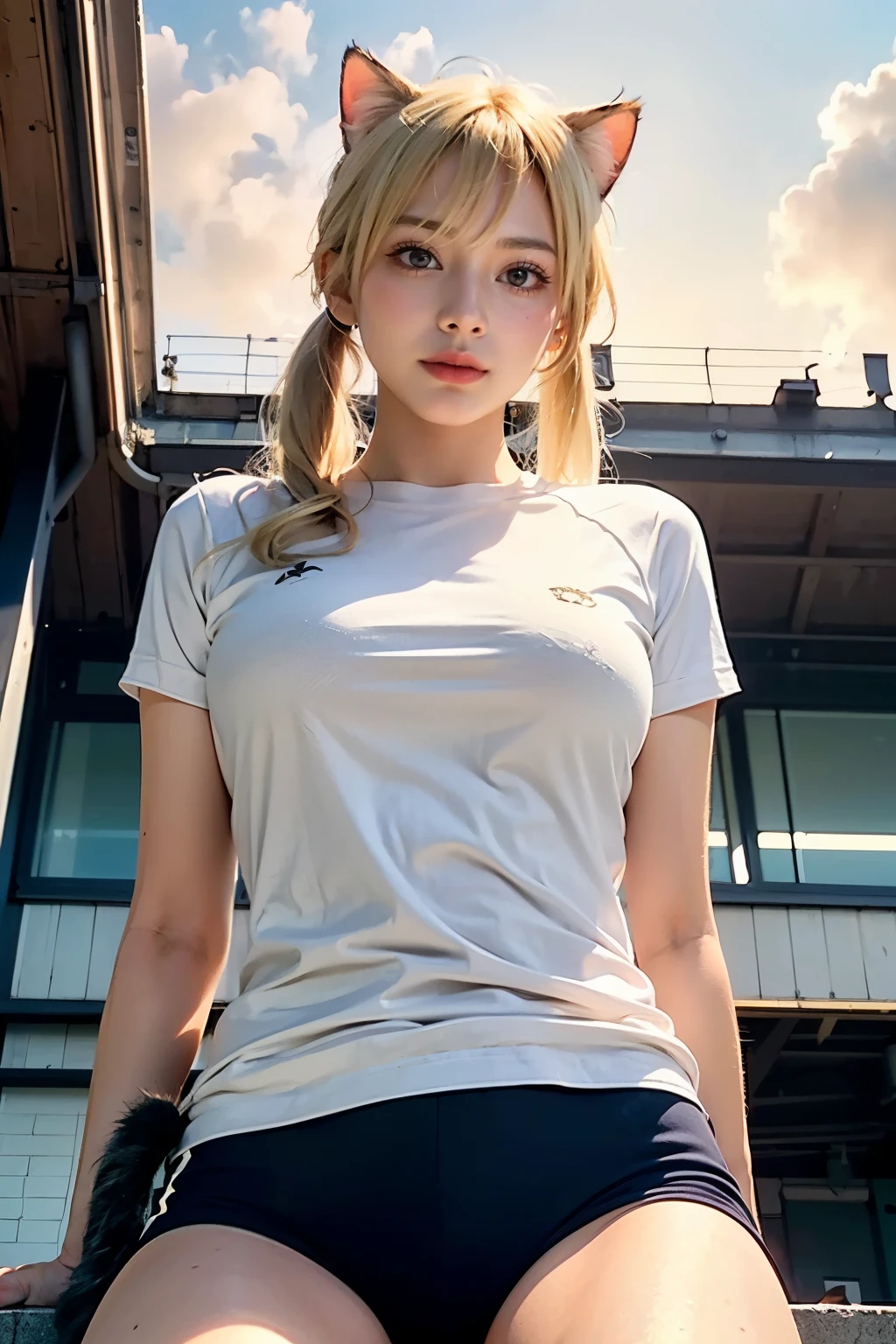 Araffe girl in a white shirt and black shorts sitting on a ledge ...