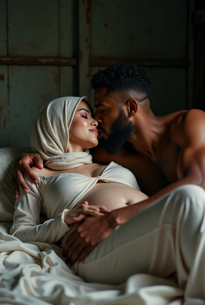 Young muscular Hindu pandit giving kiss to pregnant muslim big ass women wearing hijab together doing bath in bathtub