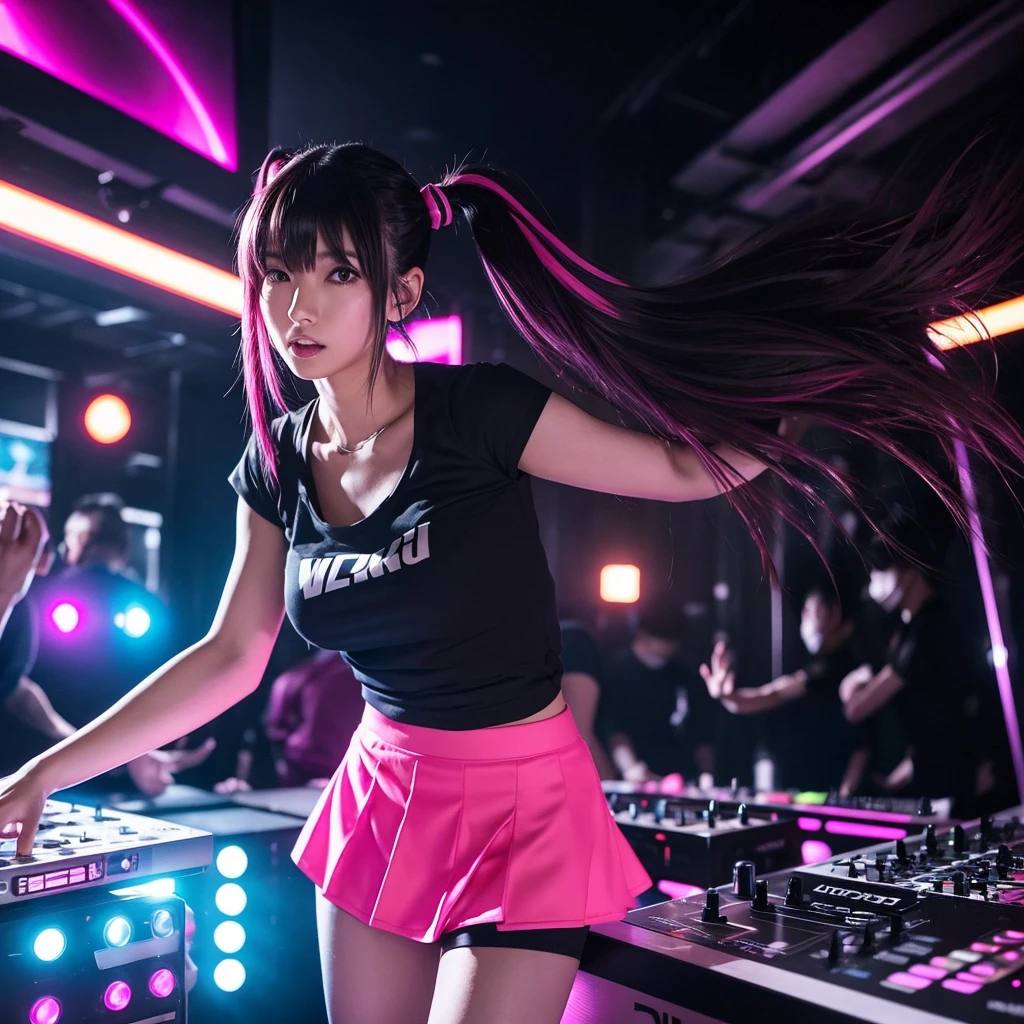 best qualtiy：1.0），（超高分辨率：1.0），（DJ elements）animemanga girl，The upper part of the body, Female DJ,Look at the crowd
