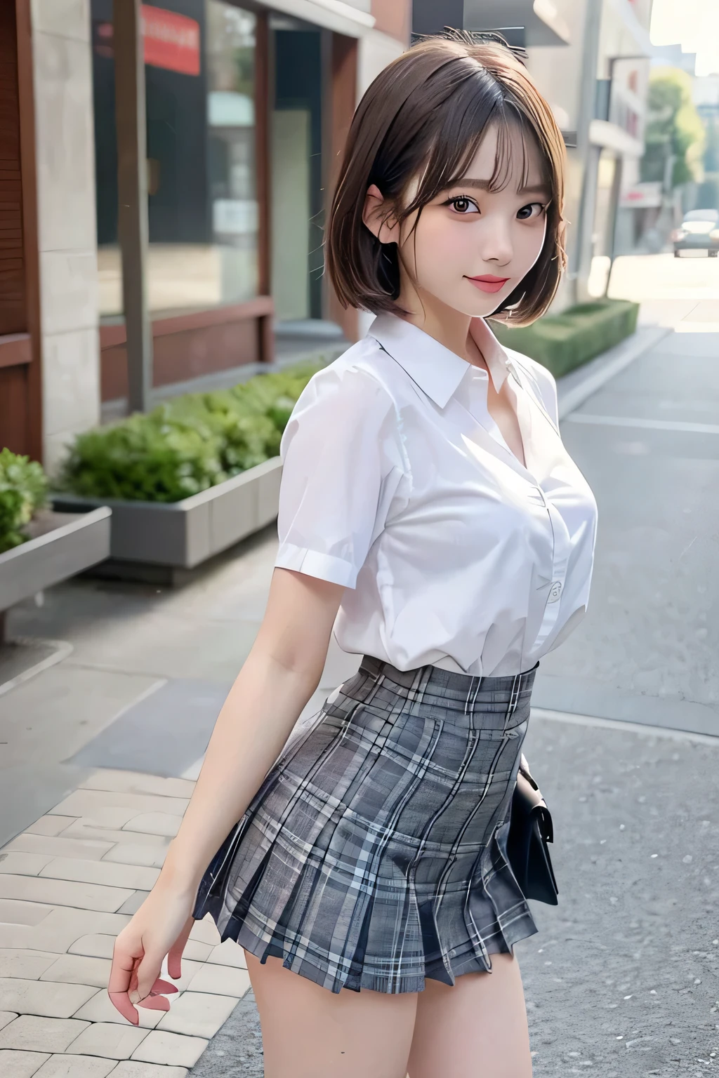 black hair, 17 years old , slender and busty body, bob cut, aqua eyes, black hair, blush stickers, grin, smile with teeth, whole body, younger sister girl, round face, slightly puffed cheeks, eyebrows downward, light blush, Double eyelids, Look at viewers, affectionate cute, cute girl, surreal high school girl, Look at viewers, Hinano Himeno, A bow tie, lively eyes, ((crimson ribbon tie)). (neat white blouse of smooth thin fabric), ( The hem of the blouse is tucked inside the skirt), (blouse breasts are very cramped), (dark blue tartan check micro mini pleated skirt), ((no skin exposed on the upper body)), (neat clothes with all buttons fastened), one little star earring, sandy beach , put on a brown jacket , The wind is blowing , the skirt sways in the wind , japan uniform
, hair swaying in the wind , hair fluttering , Surrealism, depth of field, Nikon, 8k, super detail, masterpiece, high details, 8k, anatomically correct, award winning
