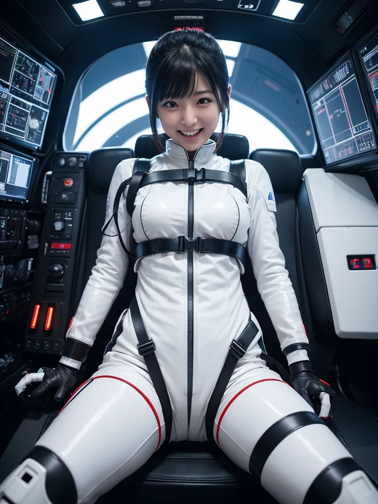 Japanese female android,Black Hair,Space station cockpit,Secured to the seat with a thick harness,Plump,A little thick,Spread your legs,Squat,White robot suit,Robotic arms and legs,Surrounded by switches and monitors,Laughing with mouth wide open,