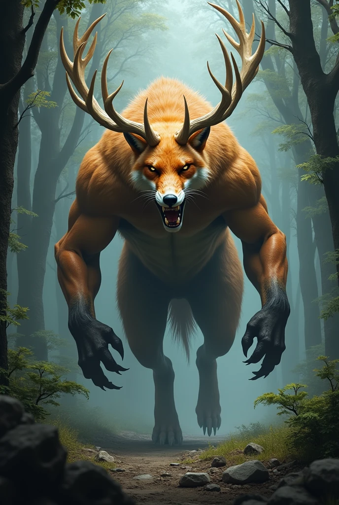 Wendigo, muscular, male, furry, anthro, Forest background, nice lighting, . Antlers, 4k, 8k. Detailed Body. Skull head.  Relaxed pose.  Huge erection. Sunlight. Bright glowing red pupils. Brown fur.  Sexy pose.  Buff. Sexy Manly pose. Laying down. Ultra Detailed crotch. 