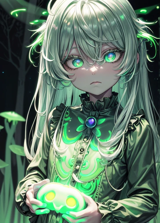 masterpiece, best quality,(illustration:1.0), 1 girl, (gothic lolita:1.2), (black big wings:1.3),(((bioluminescent lighting, green light:1.5 ,green lighting:1.5, green tint:1.5))) , (empty eyes:1.8, crazy eyes:1.3, dark pupil:1.4), glow in the dark eyes, glow in the dark hair:1.5, detailed background , (green grass, green leaves), (forest, glow in the dark forest:1.5), (bioluminescent forest:1.5. bioluminescent environment:1.5), florescent environment, (((bioluminescence:1.5))), (((glowing particles in the air:1.5, light particles:1.5,))), green butterflies, ((night:1.5)), full body, long hair, silver hair, ahoge, green eyes, emotionless, (cold attitude:1.2), half-closed eyes,