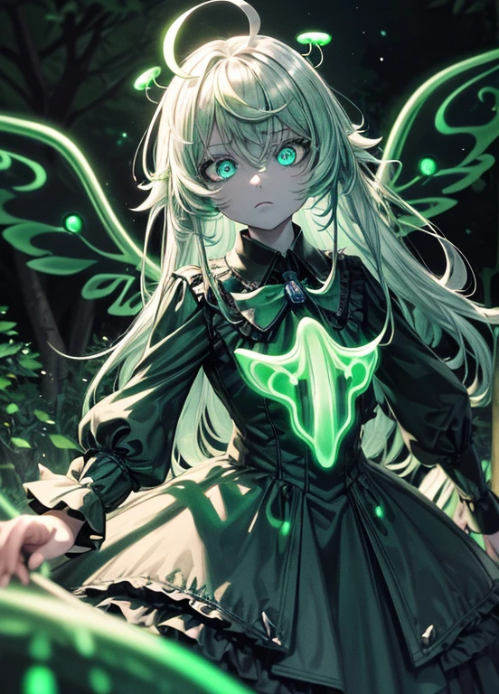 masterpiece, best quality,(illustration:1.0), 1 girl, (gothic lolita:1.2), (black big wings:1.3),(((bioluminescent lighting, green light:1.5 ,green lighting:1.5, green tint:1.5))) , (empty eyes:1.8, crazy eyes:1.3, dark pupil:1.4), glow in the dark eyes, glow in the dark hair:1.5, detailed background , (green grass, green leaves), (forest, glow in the dark forest:1.5), (bioluminescent forest:1.5. bioluminescent environment:1.5), florescent environment, (((bioluminescence:1.5))), (((glowing particles in the air:1.5, light particles:1.5,))), green butterflies, ((night:1.5)), full body, long hair, silver hair, ahoge, green eyes, emotionless, (cold attitude:1.2), half-closed eyes,