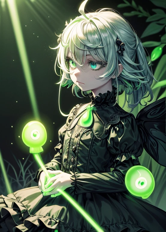 masterpiece, best quality,(illustration:1.0), 1 girl, (gothic lolita:1.2), (black big wings:1.3),(((bioluminescent lighting, green light:1.5 ,green lighting:1.5, green tint:1.5))) , (empty eyes:1.8, crazy eyes:1.3, dark pupil:1.4), glow in the dark eyes, glow in the dark hair:1.5, detailed background , (green grass, green leaves), (forest, glow in the dark forest:1.5), (bioluminescent forest:1.5. bioluminescent environment:1.5), florescent environment, (((bioluminescence:1.5))), (((glowing particles in the air:1.5, light particles:1.5,))), green butterflies, ((night:1.5)), full body, long hair, silver hair, ahoge, green eyes, emotionless, (cold attitude:1.2), half-closed eyes,