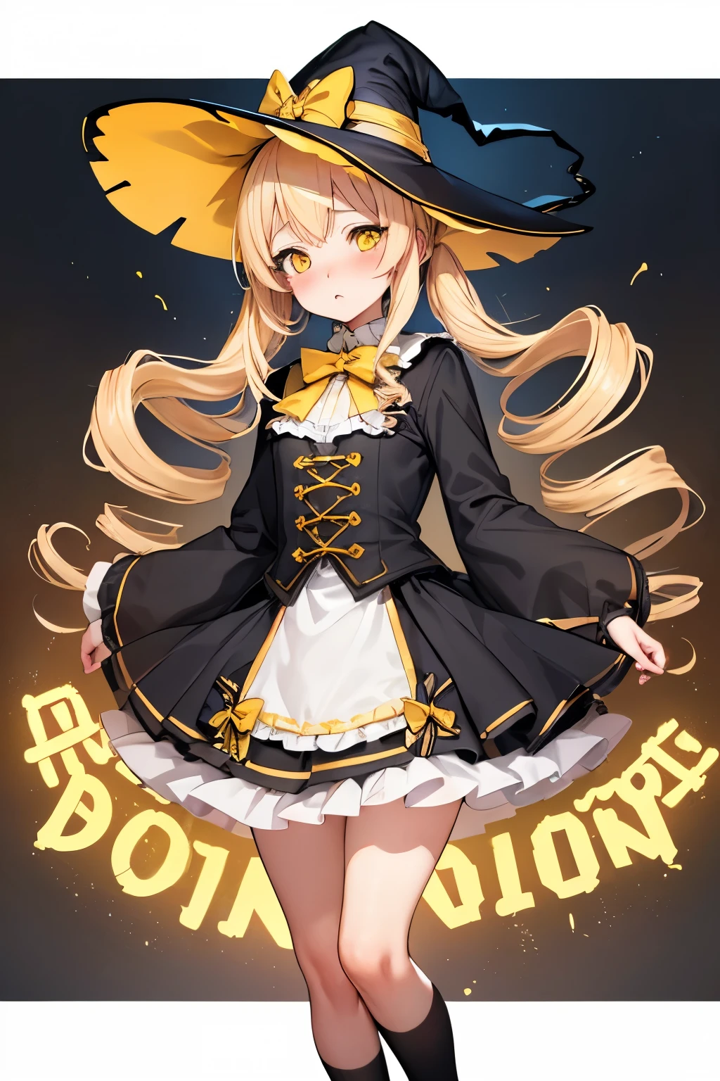 (Highest quality:1.2), alone, One woman, Tomomi, blonde hair, drill hair, twin drills, (yellow eyes:1.3)、(blush:1.1), Embarrassing, View your viewers, ((Witch's Clothes))、((mini skirt))、((((Panty stocking))))、((Photo from below))、((boots))