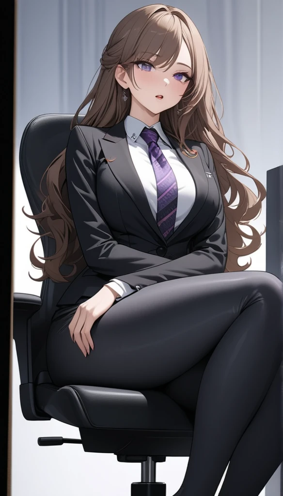 ((masterpiece)), ((high quality)),((ultra-detailed)), ((extremely detailed)),(character portrait), 4K,8K,wearing black pants suit, white collared shirt, black pants, 21yo, a beautiful woman, very tall woman with great style, perfect big breasts, perfect big ass, tight suit, slender body, 1girl, solo, middle long wavy hair, brown hair with red accent, swept bangs, perfect hands, perfect face, perfect purple eyes, perfect body, beautiful legs, cinema lightning, purple striped patterned necktie, cold beauty, open mouth, close eyes, full body, sitting on office chair, side view
