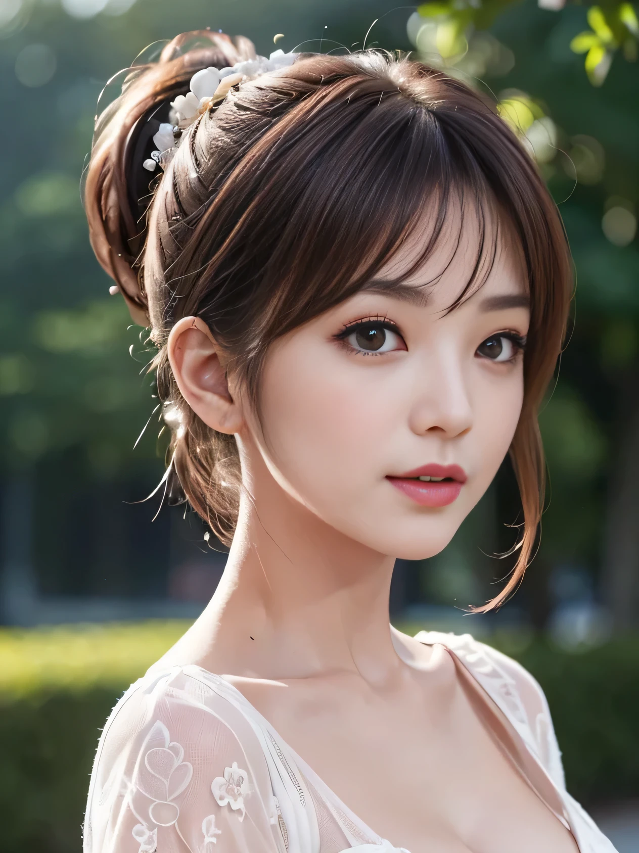 25 years Old woman, Naked, beauty face, thin, Updo hair style, medium breast