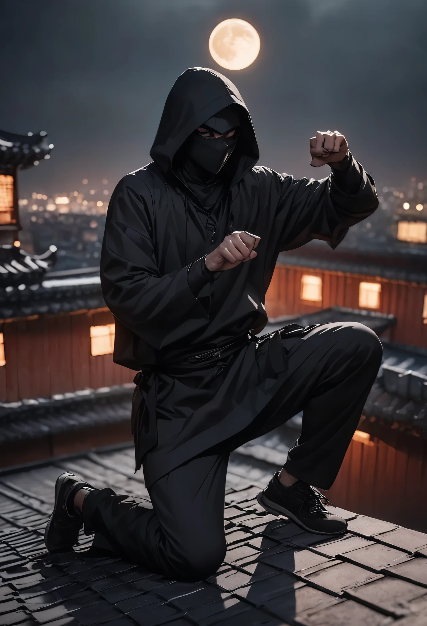 (8k, RAW Photos, 最high quality, masterpiece:1.2), High-quality RAW color photos, Professional photo shoot, Cinematic Light, RPG Design, Dark fantasy graphic, Humanoid Monster, Ninja, ((Full Body Shot)), His face is hidden by the hood and cannot be seen, 高レベルNinja, assassin, (((Man in Black, Keep a low profile:1.2))), Ninja Action,Pounce pose,  Man with a dagger:1.2, Fantasy art, ((Rooftop Background, Moonlit Night)), Dim lighting, Film Grain, Background blur, high quality, Surreal, ((Very detailed, photo shoot)),