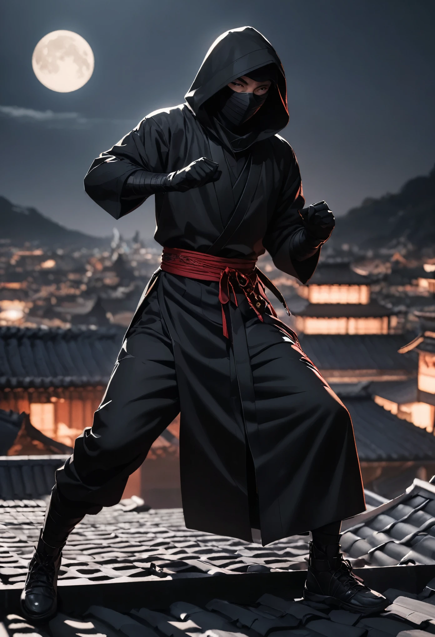 (8k, RAW Photos, 最high quality, masterpiece:1.2), High-quality RAW color photos, Professional photo shoot, Cinematic Light, RPG Design, Dark fantasy graphic, Humanoid Monster, Ninja, ((Full Body Shot)), His face is hidden by the hood and cannot be seen, 高レベルNinja, assassin, (((Man in Black, Keep a low profile:1.2))), Ninja Action,Pounce pose,  Man with a dagger:1.2, Fantasy art, ((Rooftop Background, Moonlit Night)), Dim lighting, Film Grain, Background blur, high quality, Surreal, ((Very detailed, photo shoot)),