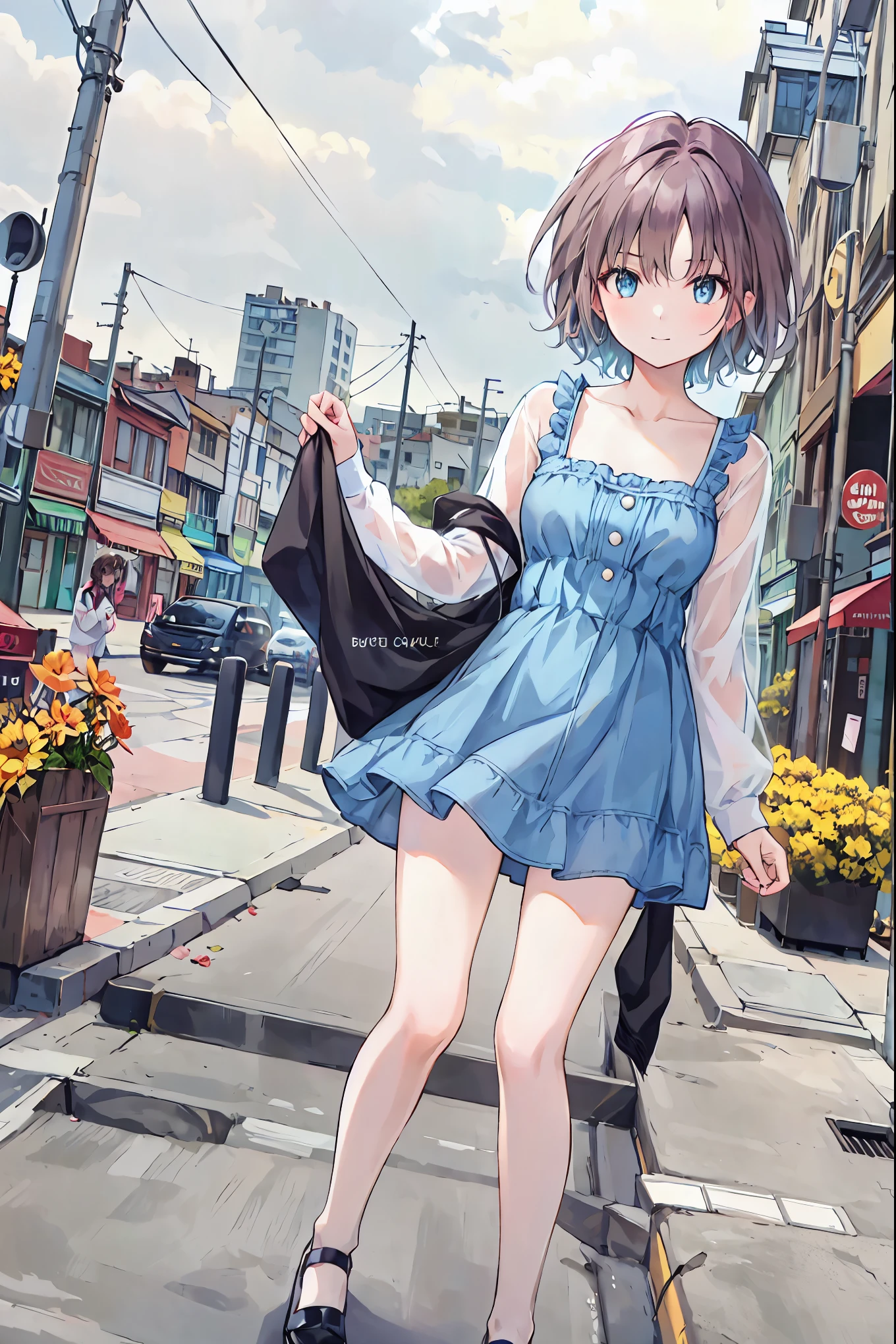 Brown Hair，Shortcuts，Messy Hair，Slender beauty，A dignified posture，Small chest，Beautiful feet，Her captivating grey-blue eyes shine like stars，Tabletop,Very detailed,1 girl,alone、Cool composition、best scene、Cool composition、high quality、haze、Transparent watercolor、pastel colour、平凡なwoman、short hair、 woman、Black Hair、High Angle、morning、Black Hair、short hair、Bob Hair、smile、Private Server、30歳woman、Walking around the city、Date attire、Cute composition