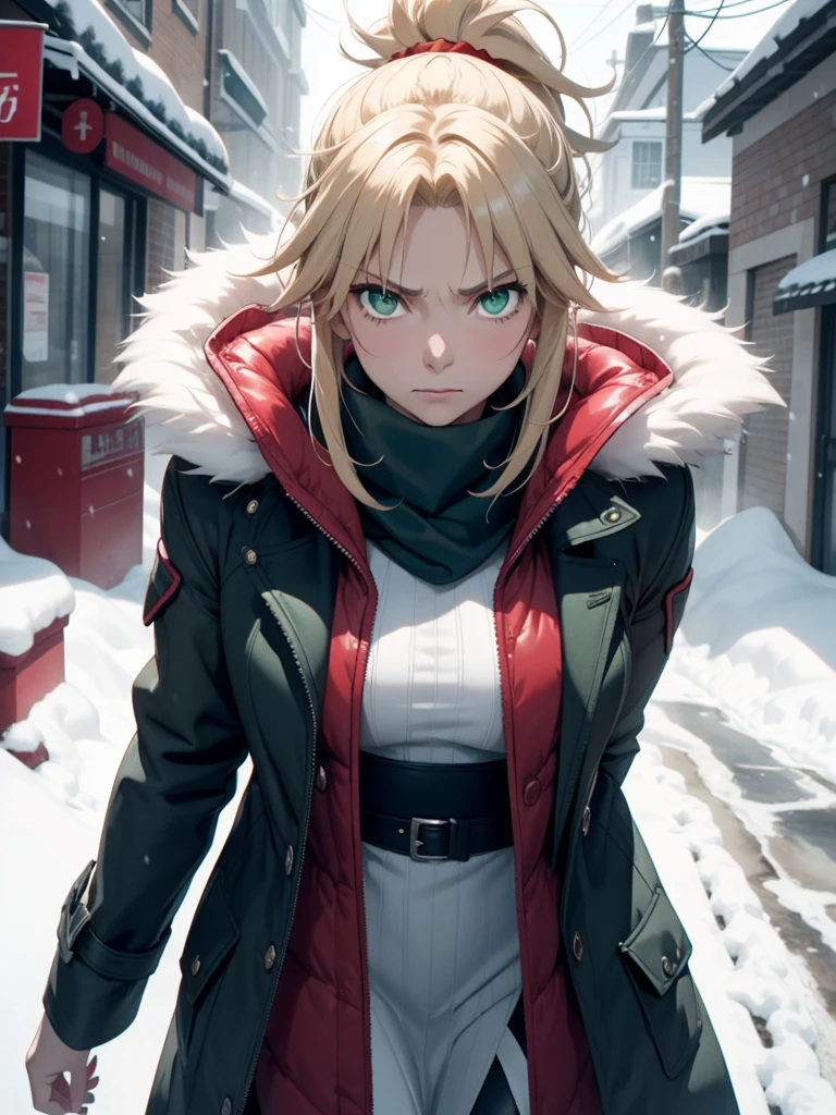 (​masterpiece、top-quality、hight resolution、Unity 8k、extremely details CG:1,Best Picture), modred, (green eyes:1.5), blonde hair, ponytail, short hair, scrunchie, red scrunchie, hair scrunchie,", "A brutally cold winter scene with heavy snowfall, where people around are bundled up in thick winter coats and scarves, braving the icy winds. In stark contrast, a single woman is forced to walk through the snow in a fluorescent pink coat with the front wide open, revealing her bare skin underneath. Her expression shows the intense struggle to endure the freezing cold, but she looks as if she's about to break under the relentless blizzard. Her skin is pale and blue from the cold, clearly suffering. She is out of place, drawing worried or curious glances from the warmly dressed people around her as she moves slowly, visibly shivering."