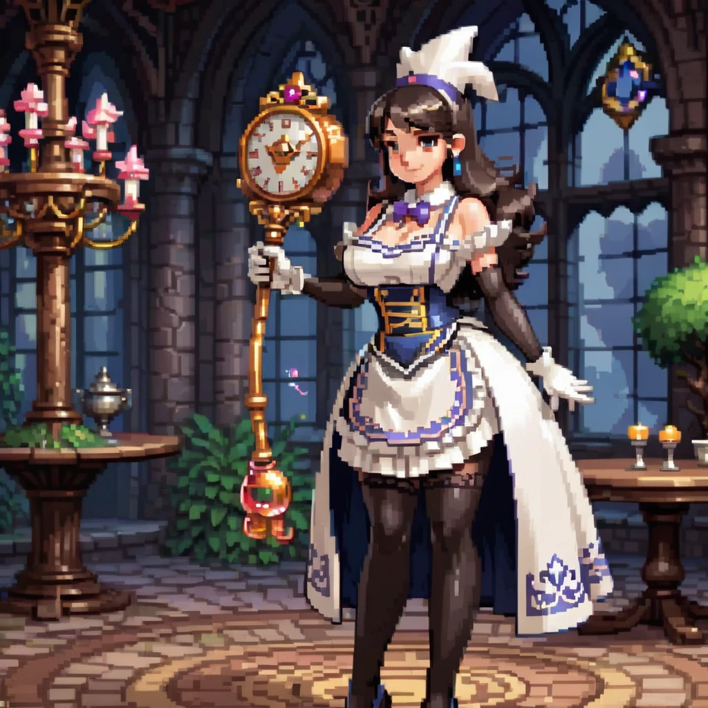 For an image of a cartoon-style video game character: A well-proportioned female magician dressed in a maid outfit, exuding a blend of elegance and mystical charm. She stands confidently, with a staff in hand, showcasing ornate magical symbols. The costume is a blend of classic maid attire and magical elements, featuring frilly apron details and a flowing cape. Her expression is playful yet focused, capturing the essence of a character ready for both service and sorcery. The background is a whimsical, enchanting setting, fitting for a fantasy game world, 