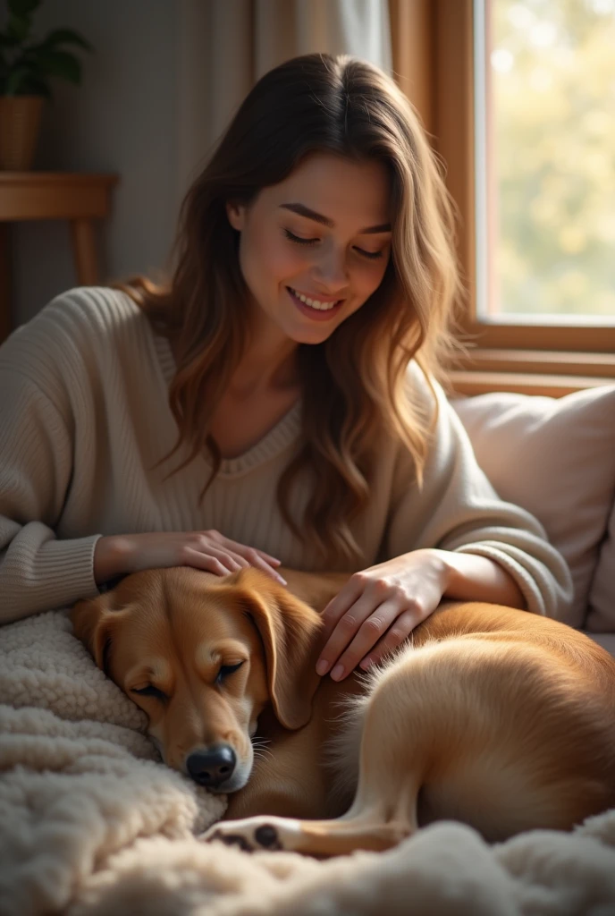 Person petting their dog with their head, but only the head should be visible.