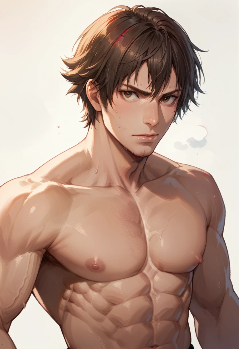 (1 boy, , Cat ears, Vest, Chiseled abdominal muscles, Well-defined pectoral muscles, Lying in bed, Raise your hand, blush, Sweating, Panting, scared), (best quality, 4K, 8K, high resolution, masterpiece:1.2), (Extremely detailed, Practical, photoPractical, photo-Practical:1.37), 2d anime style, Detailed facial features, Delicate eyes, Delicate nose, Delicate lips, magic, Fantastic atmosphere, Warm lighting, Vibrant colors