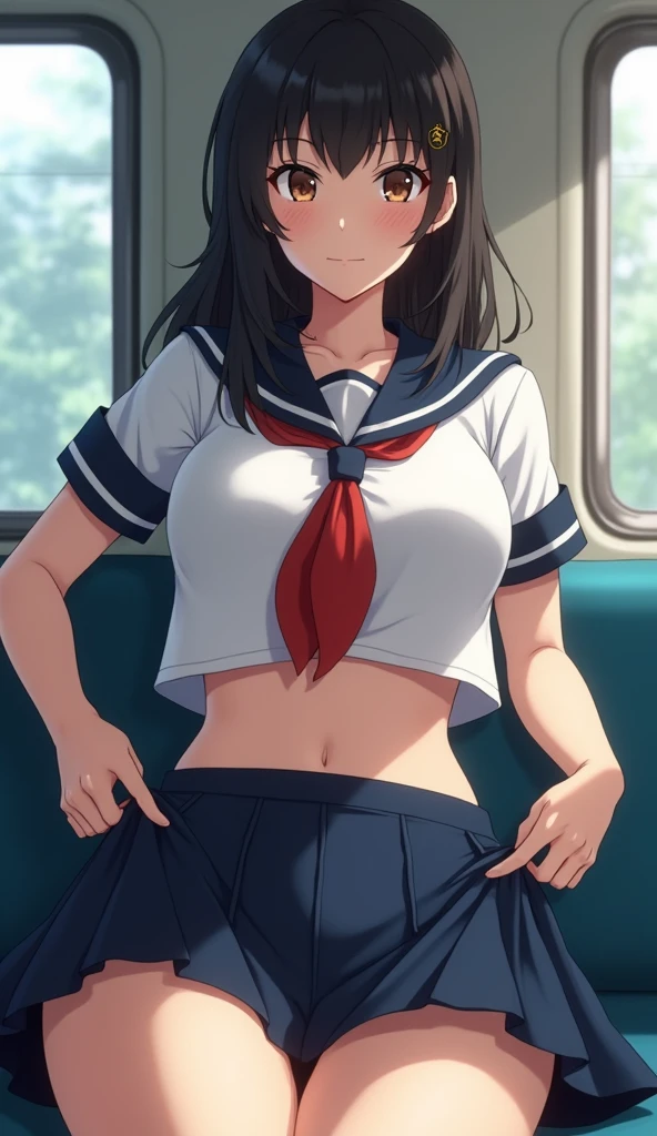 mastute piece,Best Quality,insanely detailed,8k cg,nsfw,
(shoot upper body:1.3),
(1girls:1.3),standing,looking at viewr,body in front,both arms behind back,(school uniform:1.3),(bare breasts:1.1),(bare nipples:1.1),
break,
blush,shy,(ecstasy face),(trembling:1.2),break,(blue hair:1.2),
break,
perfect breasts,perfect teats,(open mouth:0.9),(large breasts:1.2),
(inside train)、