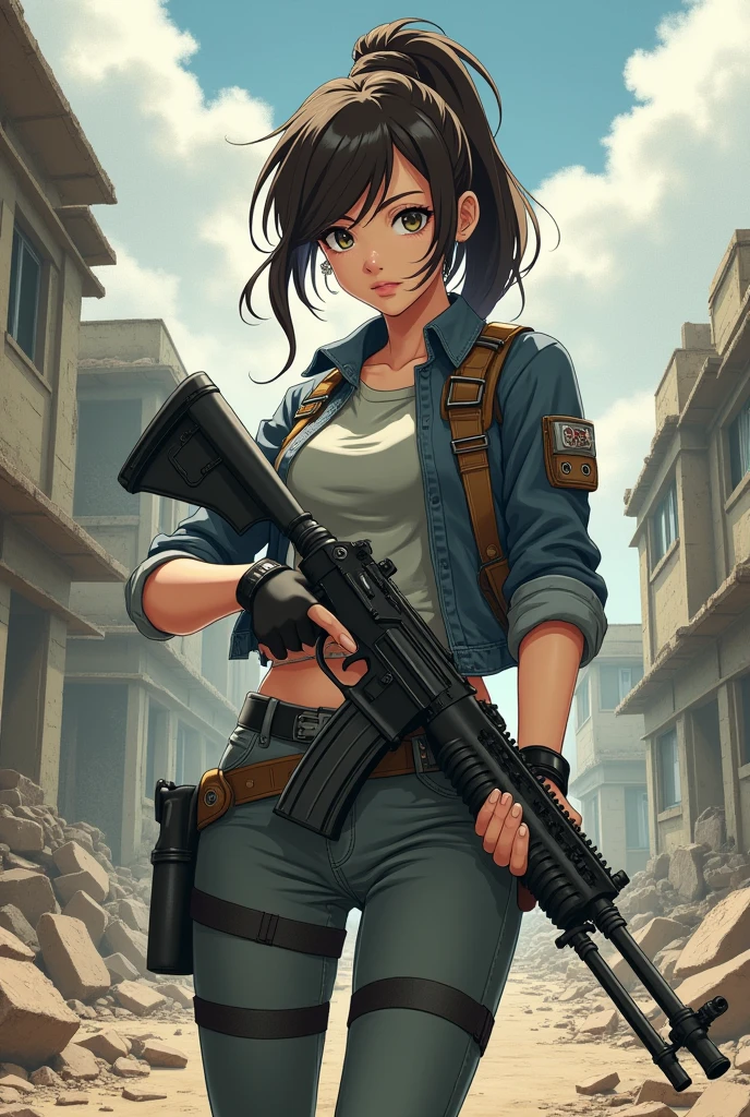 Girl in combat uniform,stylish,summer,Short sleeve,Ready your gun?,smile,8K, Highest quality, masterpiece
