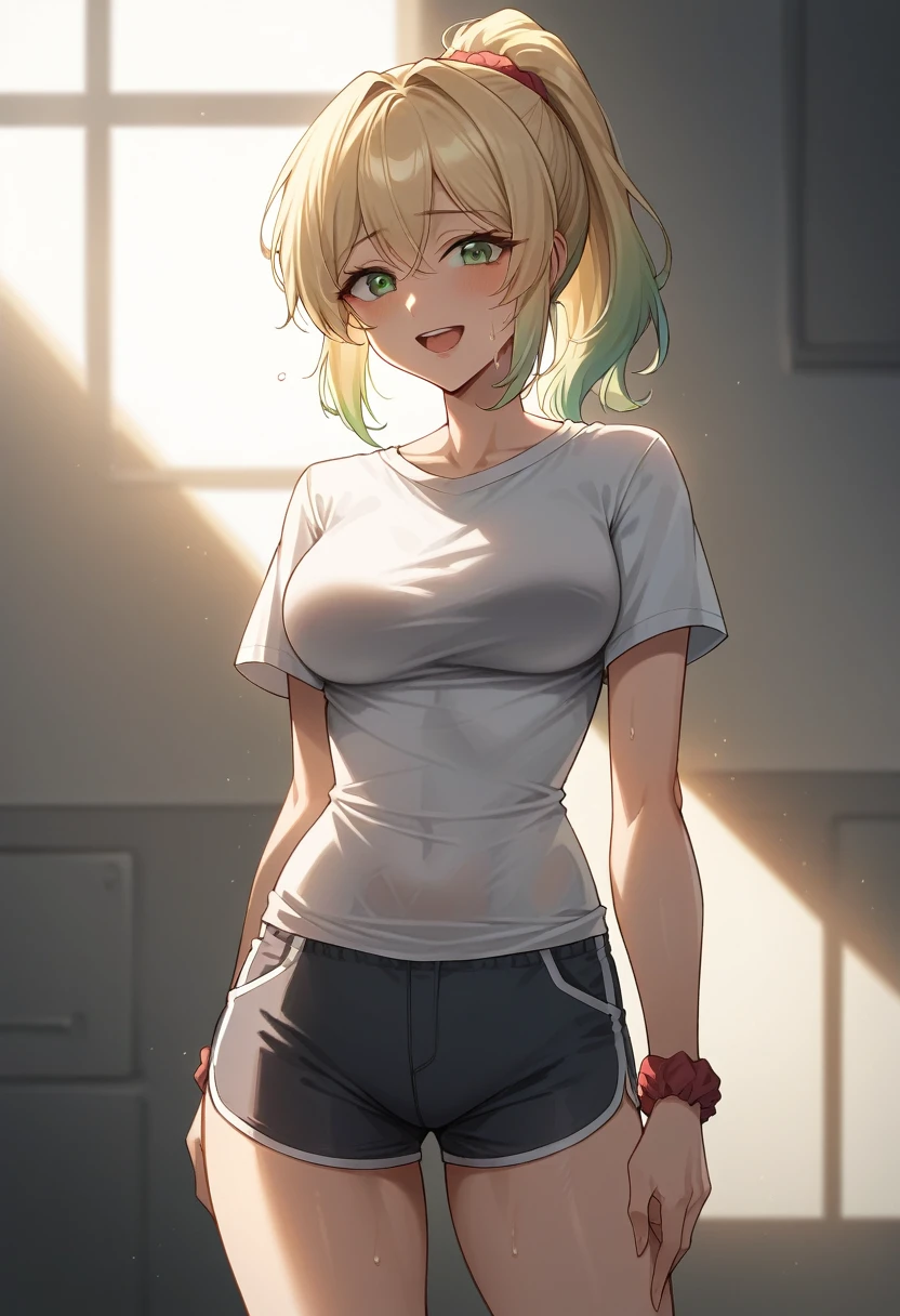 highres, highest quallity, illustration, cinematic light, dramatic shading, night days, good lighting, volumetric lighting, backlighting, light rays, green eyes, Blonde hair, gradient hair, medium hair, ponytail, red_scrunchie, (highres:1.0), solo, perfect body, medium breasts, curvy body, beautiful face, a woman showing happy, shy smile, open mouth, look away, Adult woman, sweat, best perfect anatomy, thin, ray of light through hair, close up shot on person, close up shot on person, mature woman standing poses, grey tight t-shirt, crew neckline, short sleeves, slim fit, grey racing shorts, perfect dynamic composition, foreshortening, white background,