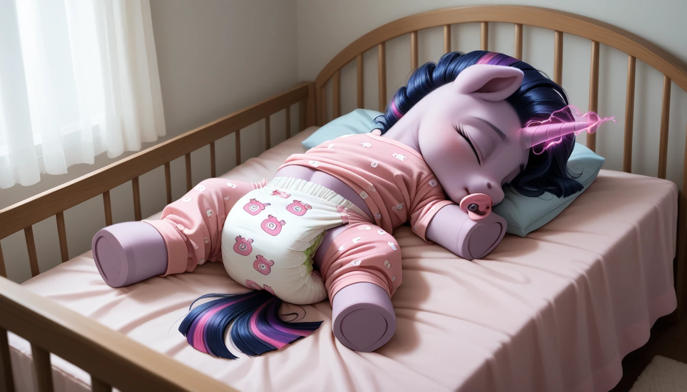 pony, Unicorn, purple wool, dark blue mane with purple streak and pink streak, the tail is dark blue with a purple strand and a pink strand, closed eyes, sleeps in a foal crib, adult filly, dressed in pink pajamas, pink pacifier in mouth, solo, thick diaper under clothes.