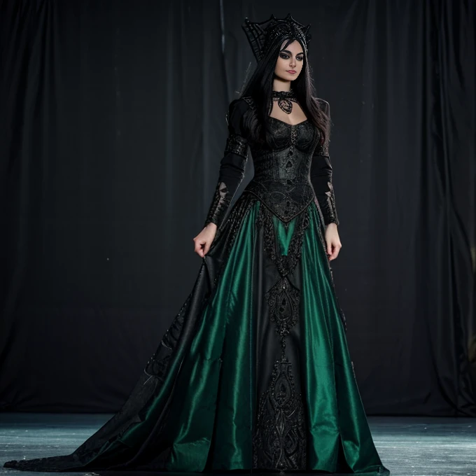 1 woman, European face, European eyes, pretty face, 30 years old, age 30, white long hair, black, green eyes, , ultra detailed face, hyperrealistic, realistic representation, full body view, gothic style, dancing at a gothic festival