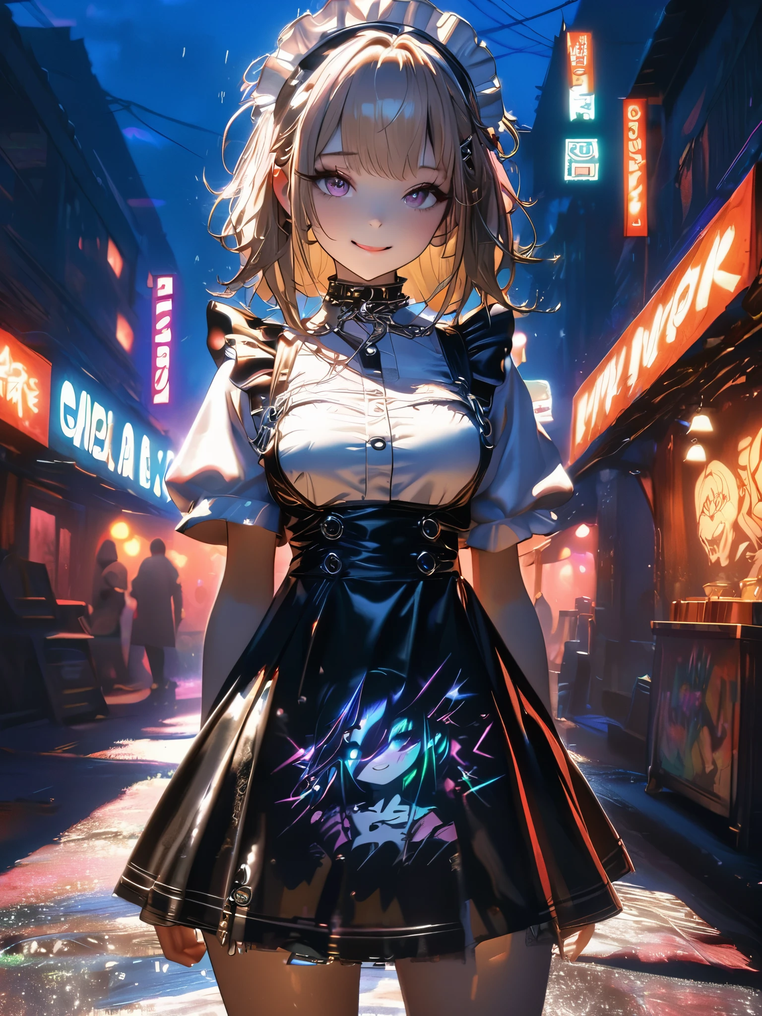 Anime girl in a short dress standing in a street at night - SeaArt AI