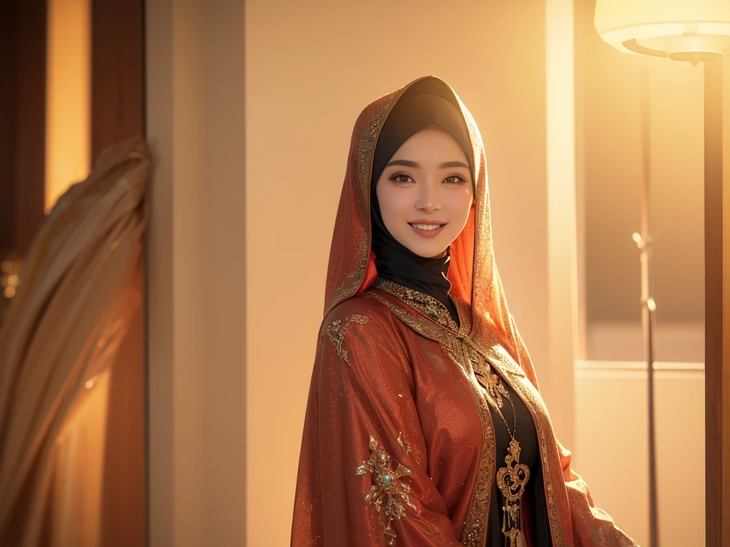 a gorgeous 4 Indonesian woman, 1girl, silk abaya, in hijab, smiling, shy, opened mouth, visible teeth, hot mom, full body portrait, (best quality,4k,8k,highres,masterpiece:1.2),ultra-detailed,(realistic,photorealistic,photo-realistic:1.37),HDR,UHD,studio lighting,ultra-fine painting,sharp focus,physically-based rendering,extreme detail description,professional,vivid colors,bokeh,portraits,warm color tones,dramatic lighting