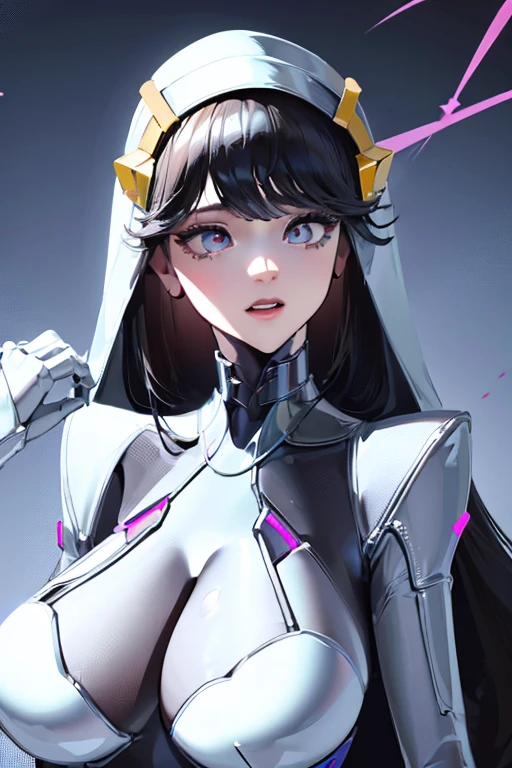 (masterpiece),(Highest quality),(Super detailed),(Best illustrations),(Best Shadow),(Absurd),(Detailed Background),(so beautiful), 16K, 8K, 4K,(Best Shadow),empty eyes,robotization,woman ,big bust,Robot Joint ,Metal skin,Black Suit,long hair,a black suit that covers the whole body,robot hand,cyber bodysuit,rapunzel(nikke),cyber nun,robot sister