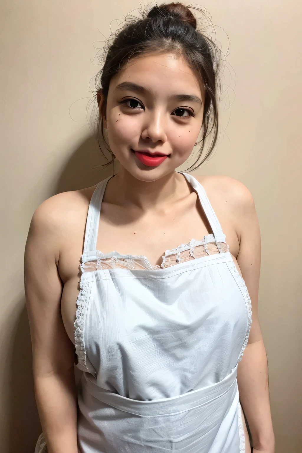 ((Plump body :1.211)), adorable, 1 girl, (face to face), , baby face, happy, medium portrait, (face details: 1), (eye details:1), ((naked big breasts)). wearing ((mini apron)), .. Cute posed. proportional body. Ultra High Res. realistic: 1.4, UHD, poke a bun Hairstyle , lace (((THICKLIPS:1.7))