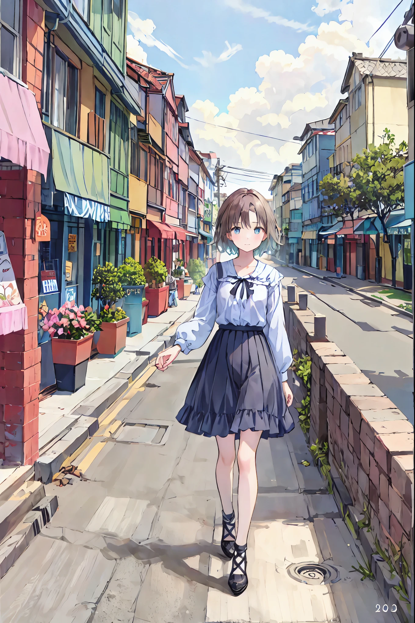 Anime girl walking down a street in a blue dress - SeaArt AI
