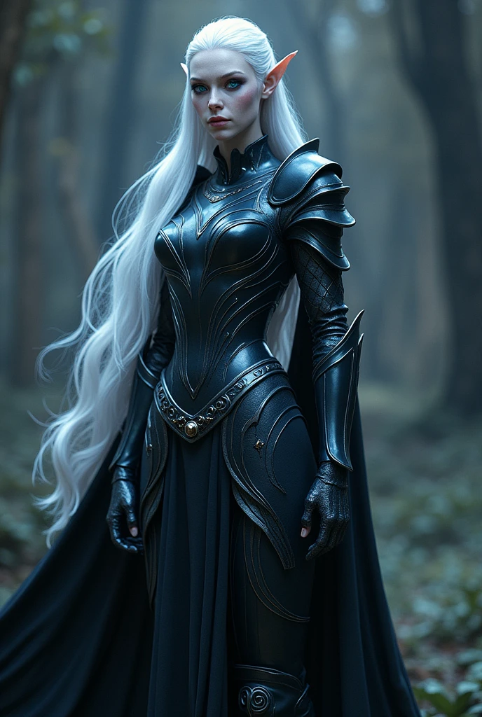 White haired elf, with black armor and bright blue eyes - SeaArt AI
