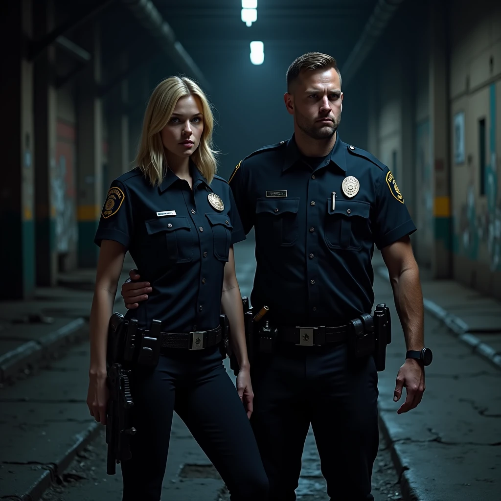 A realistic image of Officers Ariel Bellingham and Allison Pierz of the Miltona Police Department standing in front of a police car in Miltona, Minnesota. Ariel has long blonde hair and Allison has long teal hair. The officers are looking serious and tense, as if they are investigating a crime. The background is dark and ominous, creating a sense of suspense