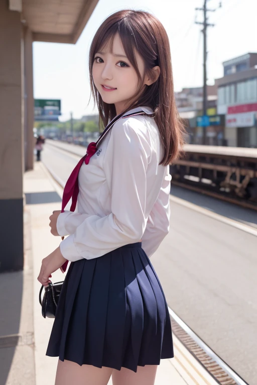 very shiny skin,beautiful thighs,very cute face, face,4 hair,,make up like a gal,looks like japanese idol group member,young sexy girl,big breasts,tiny sailor school uniform,navy blue colored mini pleated skirt,extremely detailed, 8k, high quality, high resolution, she is just walking for schooling,she is standing at station platform,she is talking with her boy friend,sparkle,detailed skin textures, satin fabric, glossy fabric, ,photorealistic, nature lighting, hyper realistic, intricate details, vibrant colors, ,,((flash light)),snap shot,white loose socks,views from her back,tachi-e