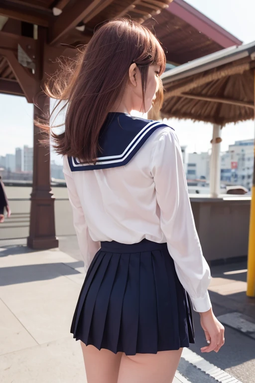 (best quality, 8k, 32k, masterpiece, UHD:1.2), (RAW photo), (realistic), (photorealistic:1.2), (high resolution), huge filesize, ultra-detailed, extremely beautiful face & eyes, 1girl, (loli, 14 years old:1.2), young woman, round small face, thin waist, gigantic breasts, slim proportions, (japanese sailor school uniform, sailor fuku, serafuku, japanese school sailor suit, darkblue pleated skirt:1.27), (from below, white thong, crotch:1.24), city rooftop at dawn,
