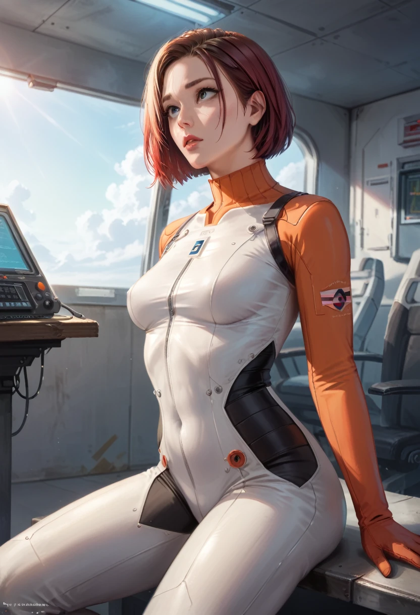 A young woman with short red hair wearing a pilot suit, a wealthy princess, sitting in a very narrow and enclosed mech control room, looking up at the sky, (best quality, 4k, 8k, highres, masterpiece:1.4), ultra-detailed, photorealistic, professional, vivid colors, studio lighting, intricate details, cinematic lighting, dramatic atmosphere