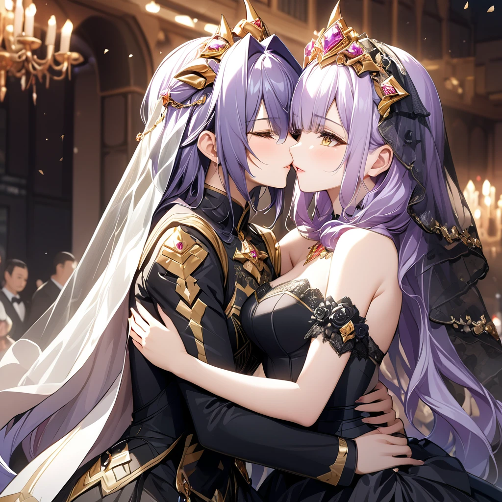 ((Highest quality)), ((masterpiece)), (detailed), （Perfect Face）、The woman has light purple hair in Extia Magica、The woman is wearing a gorgeous black wedding dress with gold embroidery and trim, and a black wedding veil, and is embracing and kissing the great demon king to celebrate their wedding.