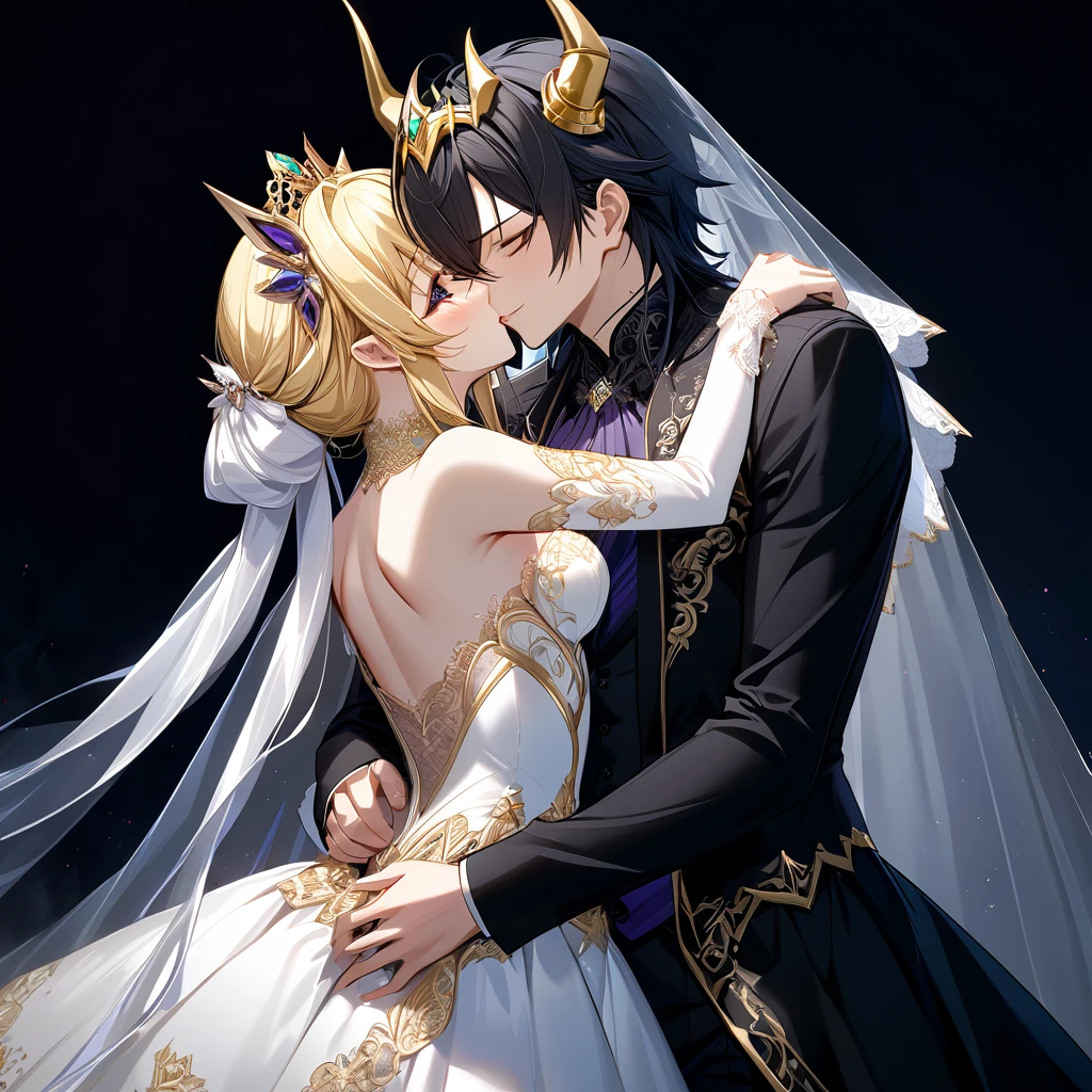 ((Highest quality)), ((masterpiece)), (detailed), （Perfect Face）、The woman is Extia Spica、The woman is wearing a gorgeous black wedding dress with gold embroidery and trim, and a black wedding veil, and is embracing and kissing the great demon king to celebrate their wedding.