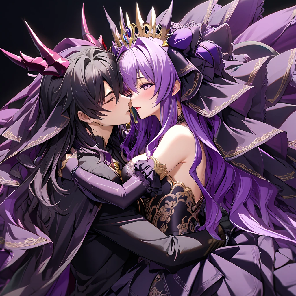 ((Highest quality)), ((masterpiece)), (detailed), （Perfect Face）、The woman is Luxuria、The woman is wearing a gorgeous black wedding dress with gold embroidery and trim, and a black wedding veil, and is embracing and kissing the great demon king to celebrate their wedding.