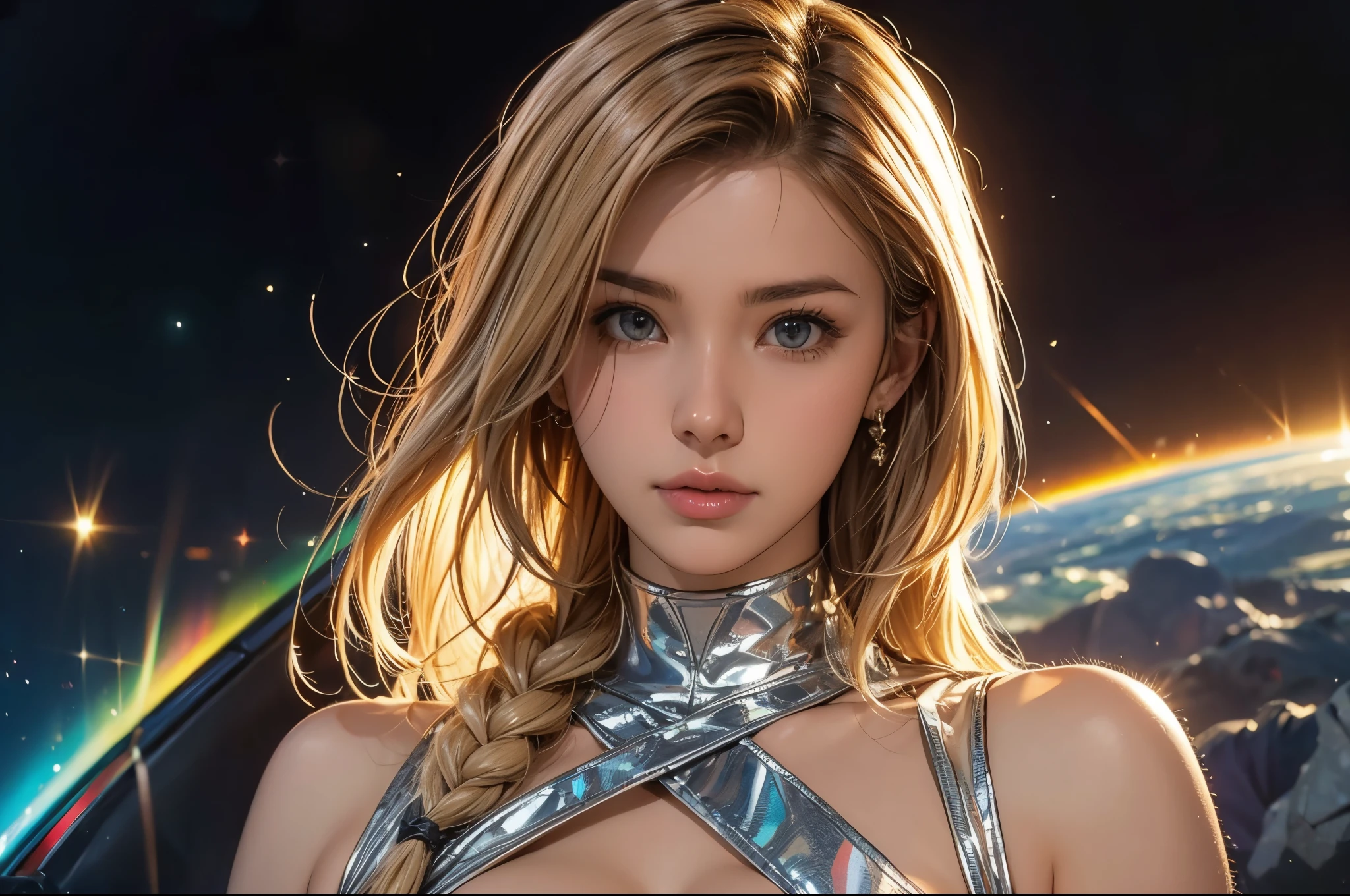 (best quality,4k,8k,highres,masterpiece:1.2),ultra-detailed,(realistic,photorealistic,photo-realistic:1.37),Sci-Fi,portrait,treasure hunter,ancient ruins in space,beautiful face,ideal proportions,busty,beautiful long straight hair braided into one,blonde,dynamic pose,highly revealing holographic outfit,dynamic angle,vivid colors,studio lighting