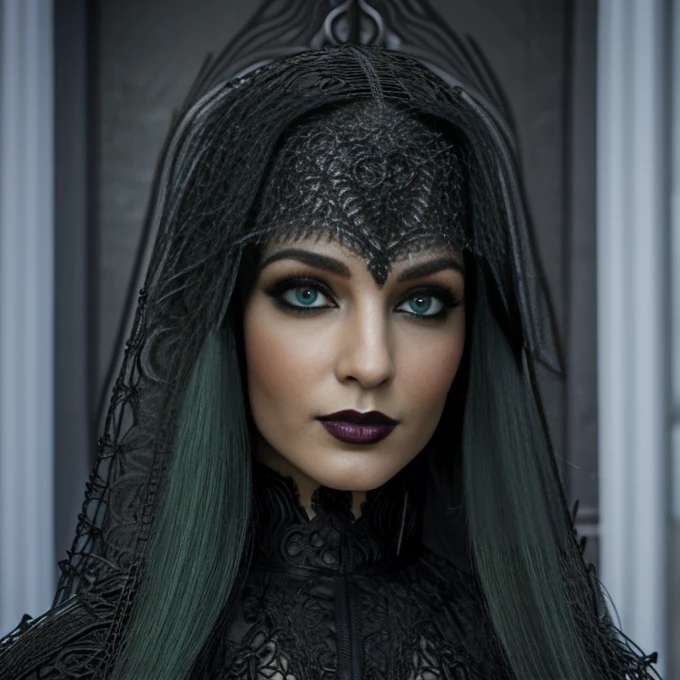 1 woman, European face, European eyes, pretty face, 30 years old, age 30, white long hair, black, green eyes, , ultra detailed face, hyperrealistic, realistic representation, full body view, gothic style, dancing at a gothic festival