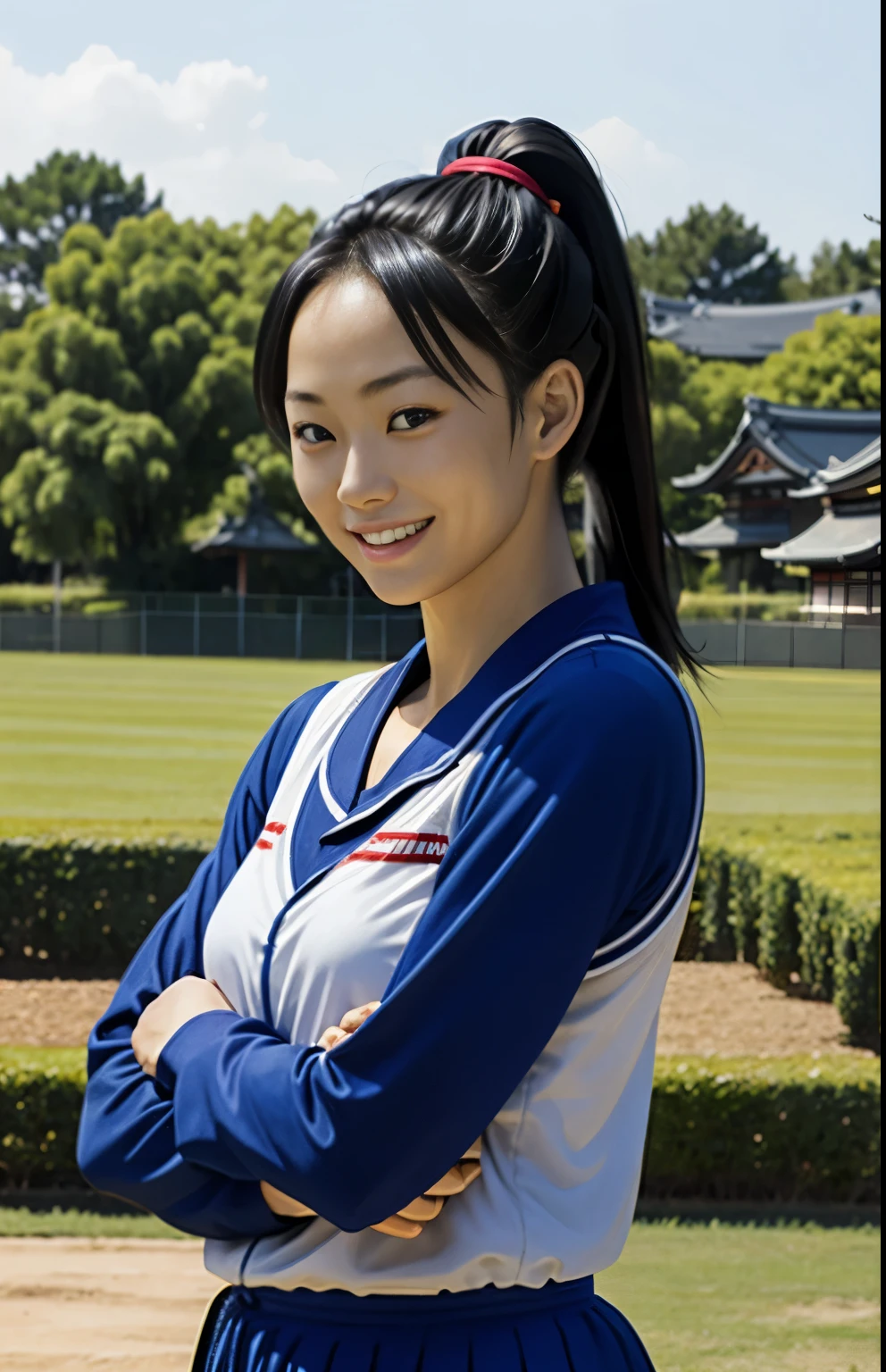 (Highest quality, masterpiece), (Beautiful Japanese Girl), (freckles:0.6), ponytail, smile, garden, Track and field athlete