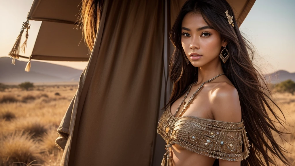 “(best quality,4k,height,Masterpiece:1.2),very detailed,(realistic,photorealistic,photo-realistic:1.37),Portrait,desert, Rifle, Fine texture, tattoo, incredible light, bright colors, , intense stare, Long, flowing hair, , Intricate engraving, Shell casing, dynamic gesture, strong facial features, Eye piercing, desert sunset, rough terrain, smoke trail, Powerful gestures, intense shadow, dust particles, complicated jewelry, Tribal pattern"