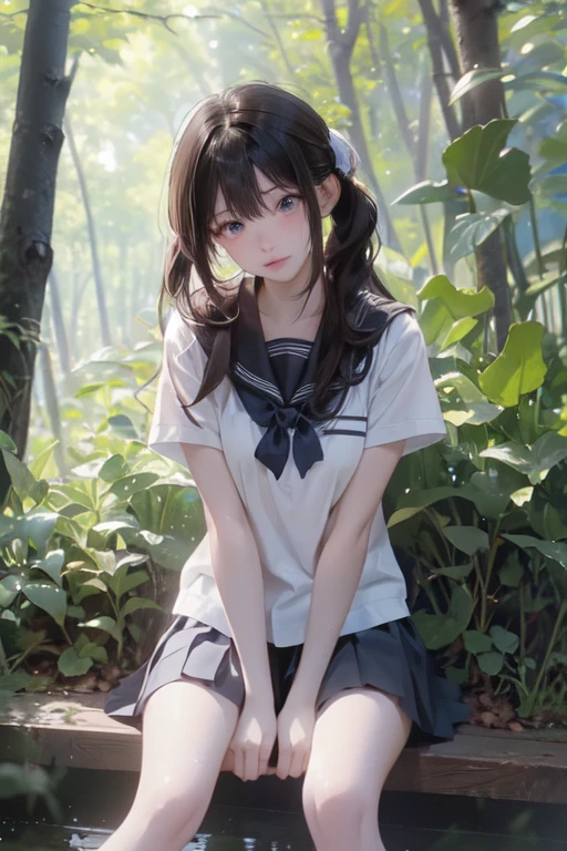 (:1.1), Black hair, Sitting, school uniform, forest