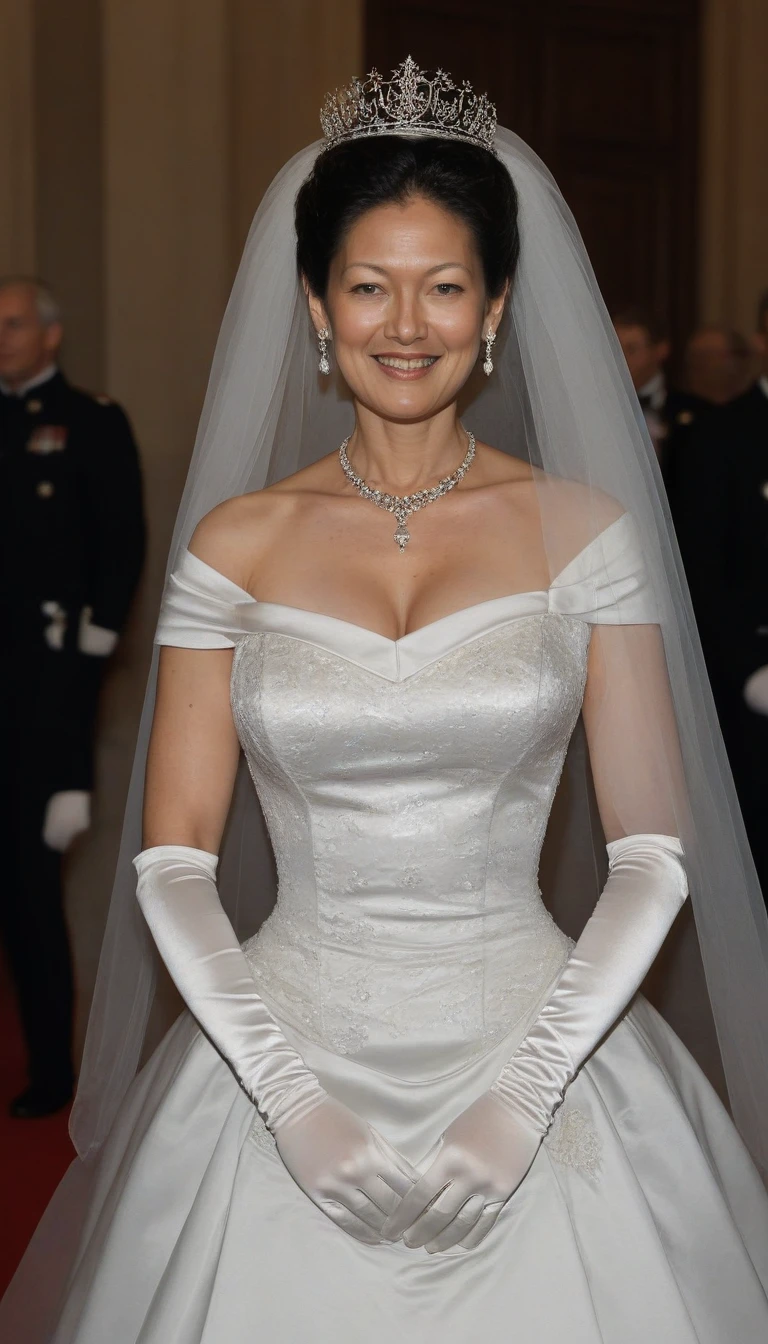 Alexandra, Countess of Frederiksborg, 1girl, Solo, dark hair, mature woman, asian woman, wearing a satin ballgown wedding dress, white gloves, long veil, tiara, necklace, earrings, sultry look, High Resolution, Smile, Looking at viewer, Masterpiece, Anatomically Correct, HD, High Quality, High Details, UHD, cute face, perfect face, (masterpiece), best quality, expressive eyes, perfect face, good hands, best hands, detailed, high quality, high resolution. 8k