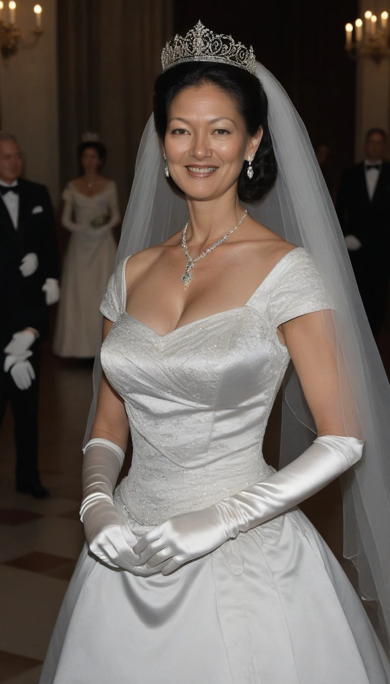 Alexandra, Countess of Frederiksborg, 1girl, Solo, dark hair, mature woman, asian woman, wearing a satin ballgown wedding dress, white gloves, long veil, tiara, necklace, earrings, sultry look, High Resolution, Smile, Looking at viewer, Masterpiece, Anatomically Correct, HD, High Quality, High Details, UHD, cute face, perfect face, (masterpiece), best quality, expressive eyes, perfect face, good hands, best hands, detailed, high quality, high resolution. 8k