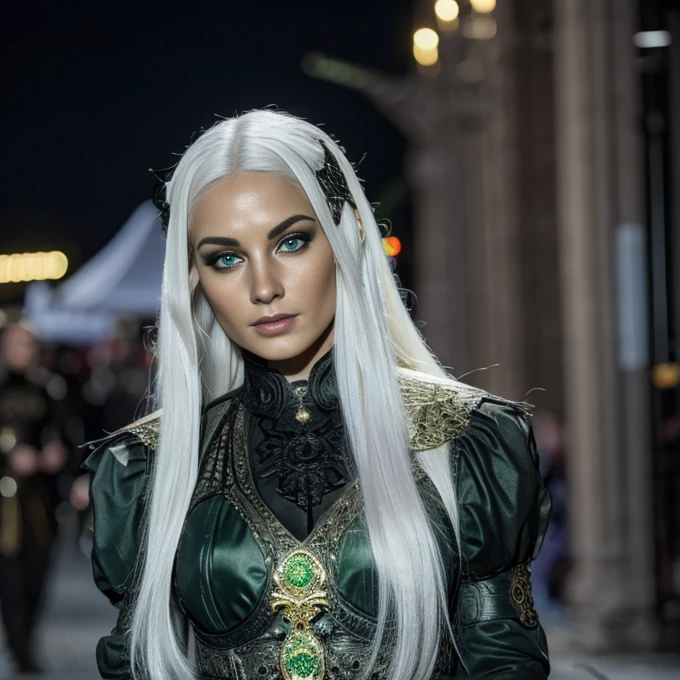 1 woman, European face, European eyes, pretty face, 30 years old, age 30, white long hair,  green eyes, , ultra detailed face, hyperrealistic, realistic representation, full body view,  dancing at a gothic festival