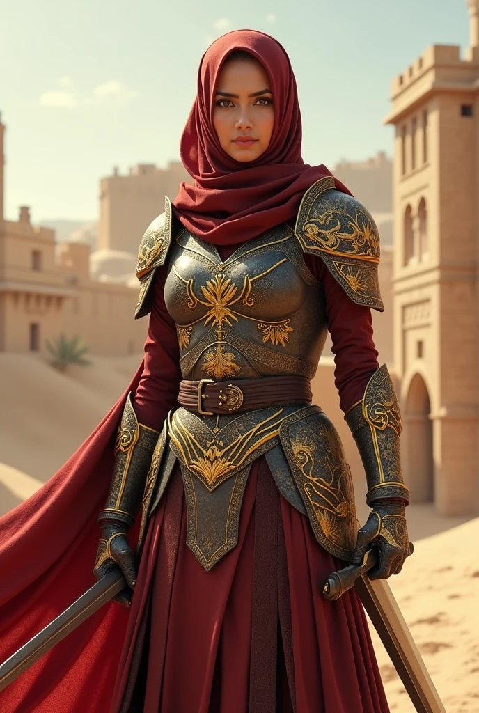 (masterpiece:1.2), (best quality,:1.2), 8k, HDR, ultra detailed, ((photorealistic)), professional light, cinematic lighting, fashion photography, ambient lighting, an arabian female warrior with veil, wearing arabian armor, cloak, belt, ArAr, <lora:ArabianArmor-10:0.7>, in a street with arabian houses, arto, <lora:ArabianTown-10:0.8>, ((perfect hands)), epiCPhoto